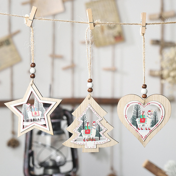 Alpaca Star/Heart Type Christmas Wooden Pendants Xmas Tree Hanging OrnamentsEF 