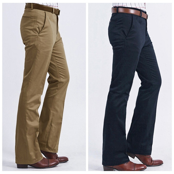 Men Bell Bottom Pants 60s 70s Flared Work Formal Business Dress Trousers Pocket
