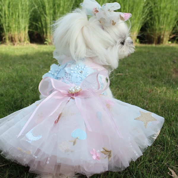 Dog Wedding Dress Clothes Lace Mesh Floral Embroidery Bow Bride