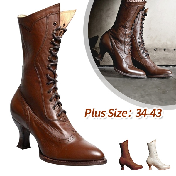 Women's Fashion Victorian Style Lace Up Leather Boots Medieval Vintage Lace  Up Knight Boots Mid-calf Boots Autumn Winter Chunky Heel Shoes Ankle Short