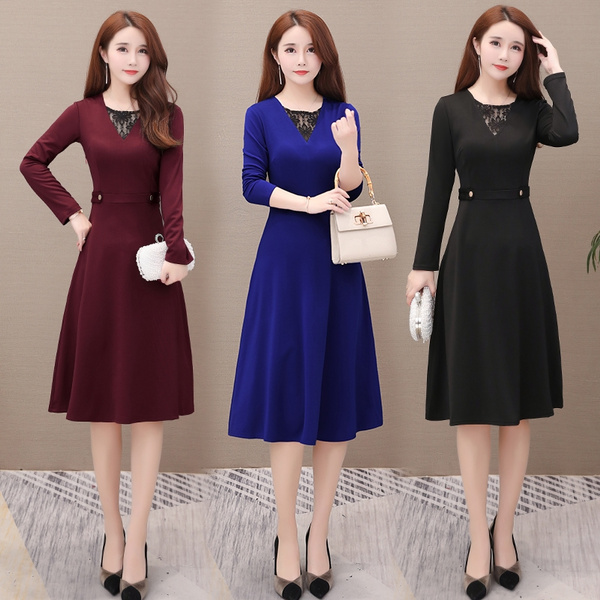 knee length korean long sleeve dress