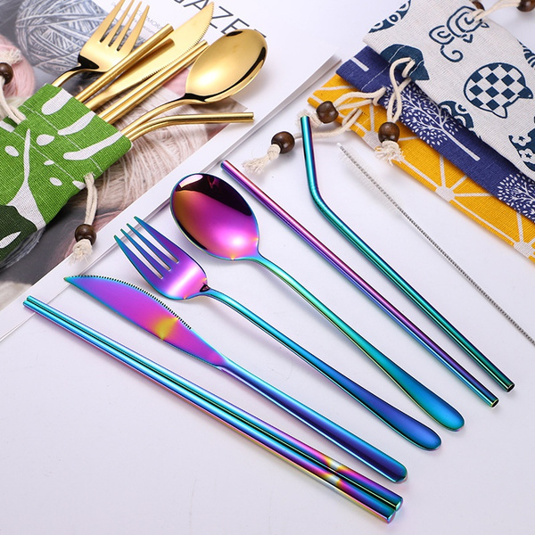 7 PCS Stainless Steel Tableware Portable Silverware Travel/Camping Cutlery  Set