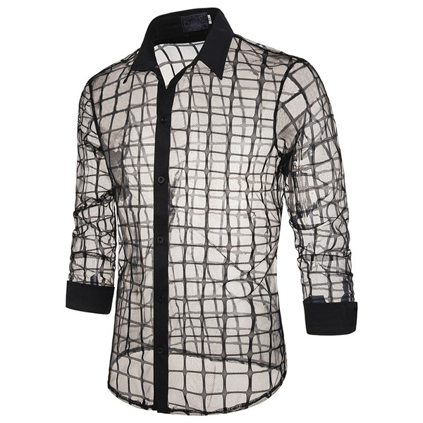 Men's Black Fancy Mesh See-through Tops Shirts Long Sleeve Sheer Shirts 