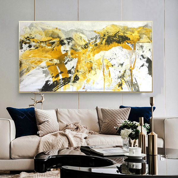 Black Wall Art Canvas Painting, Yellow Wall Decor For Living Room