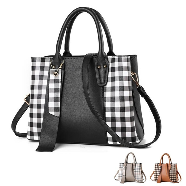 Black) Women Checkered Tote Shoulder Bag Purse PU Leather Handbag