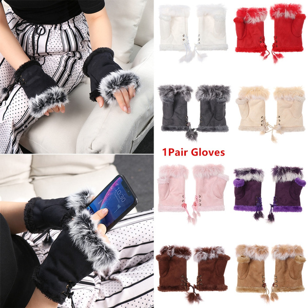 fingerless suede gloves with rabbit fur