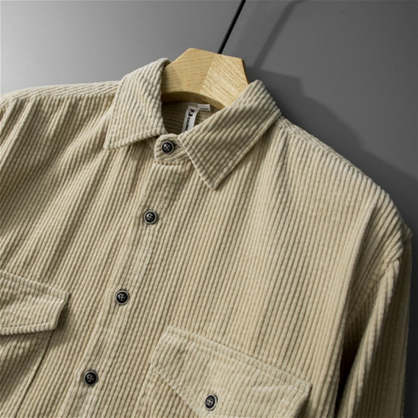 Men Corduroy Shirt Thick Long Sleeve Overshirt Vintage Collared