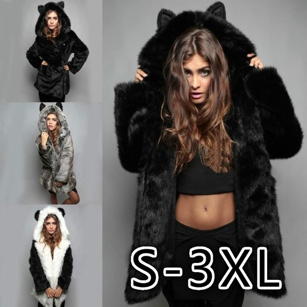 Womens Winter Faux Fur Coat Hoodies Jacket With Bear Ear Cute Thick Outerwear Parka