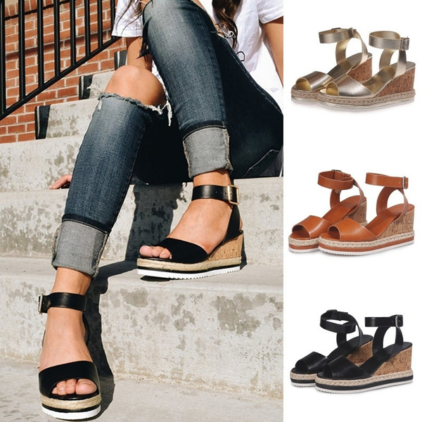 Women Ankle Strap Peep Toe Sandals Summer Leather Mid Platform Wedge Shoes Size 
