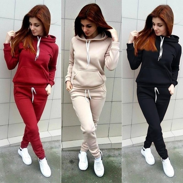 Womens Cotton Tracksuit Set Long Sleeve Hoodie And Pants With