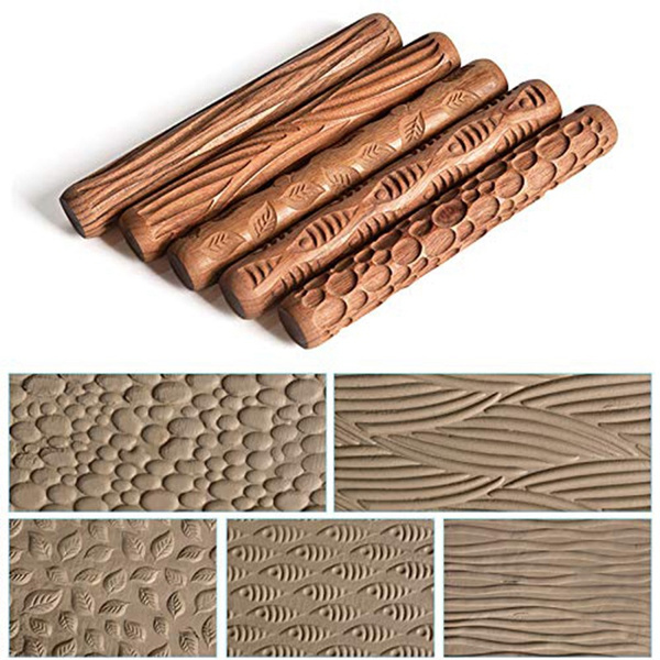 Shumo 5PCS Pottery Tools Wood Hand Rollers for Clay Clay Stamp Clay Pattern Roller 
