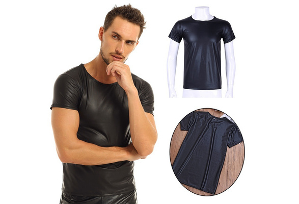 Men Faux Leather Muscle Tops Short Sleeves Mesh Splice Pullover T-shirt Clubwear 