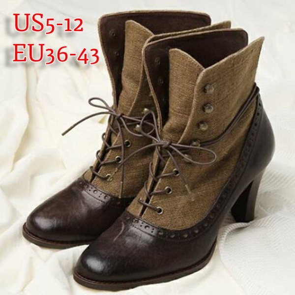 New Women Victorian Ankle Boots Steampunk Lace Up High Heel Rustic Leather Shoes 