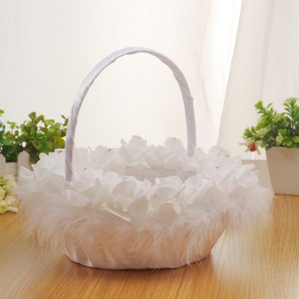 XdiseD9Xsmao Durable Delicate Lace Feather Rhinestone Inlaid Bridal Handheld Flower Basket Home Garden Wedding Supply White 