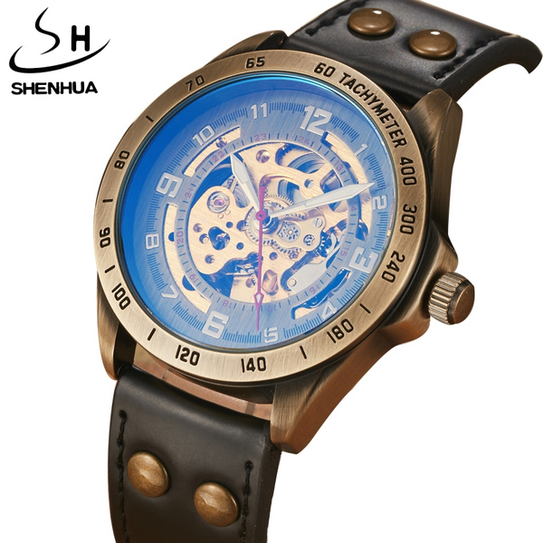 SHENHUA Skeleton Automatic Mechanical Watch Men Bronze Steampunk