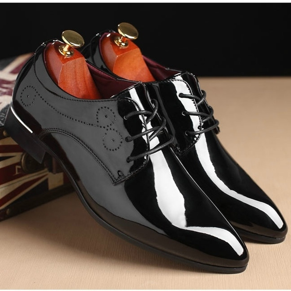 Mens Leather Wedding Dress Shoes Pointed Toe Bright Lace Up Business Oxfords