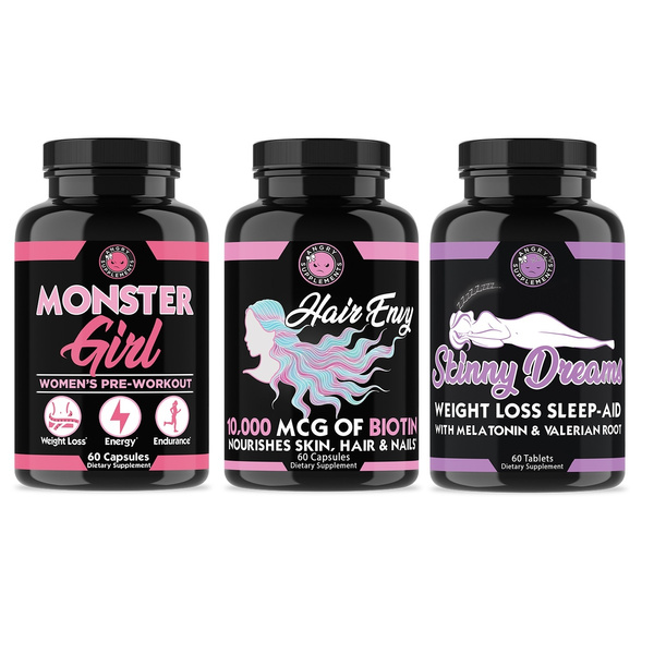 Angry Supplements Monster Girl Pre Workout Hair Envy Skinny Dreams Sleep Aid Combo 3 Pack Wish 