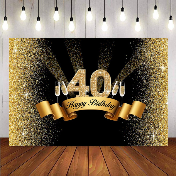 15x10ft Vinyl Photography Backdrop Happy 40th Birthday Golden Words Diamond Sequins on Black Background 40 Years Old Birthday Party Decorations Photo Studio