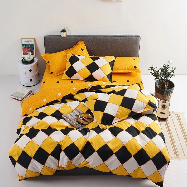 High Quality Yellow Checkered Soft Bedding Sets Bedding Queen Bed Set