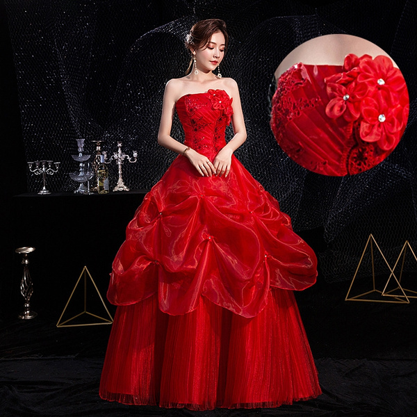 Vintage Red Tulle Wedding Gown Mock Neck Beaded Princess Dress Viniodr –  Viniodress