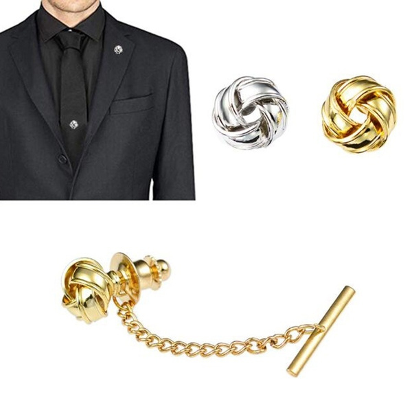 Round Twist Knot Tie Tack with Chain Metal Gold Color Necktie Pin For Men  Wedding Shirt Jewelry