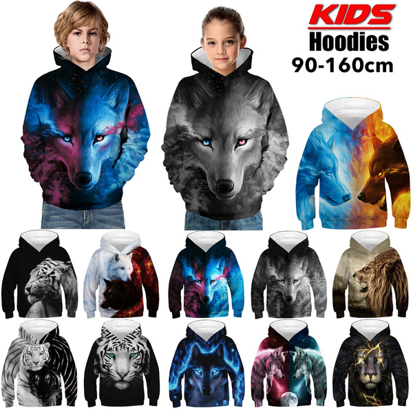 Kids Boys Girls 3D Tiger Wolf Print Pullover Hooded Top Sweatshirt Hoodies Shirt 