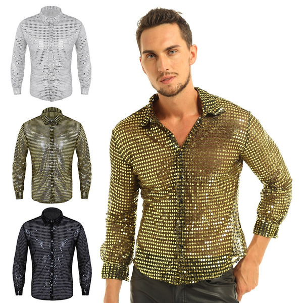 Fashion Mens Sequin Disco Shirt Long 