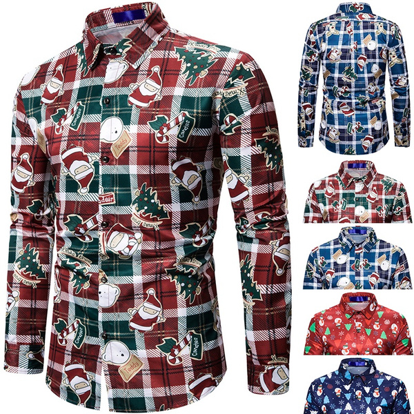 Mens Christmas Casual Shirts Print Long 