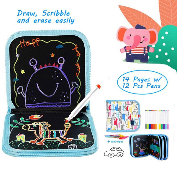 Womdee Portable Erasable Drawing Pad Toys for Kids,Reusable Writing Board with 12 Colored Pens and Wipes,Double-Side Intresting Graffiti Book for Toddler/Kids/Children 8 8 inches14Page Animal