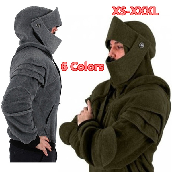 Mens Medieval Armor Hoodies Long Sleeve Elbow Drawstring Sweatshirts Cosplay Costume Armored Knight Garb Elf Warrior Woolen Pullover Ourwear