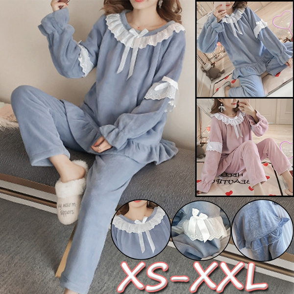 Winter Women Sweet Pajamas 2 Piece Set Long Sleeve Flannel Pijamas Sets Thick Warm Winter Sleepwear Pyjamas Large Size Pyjama Femme