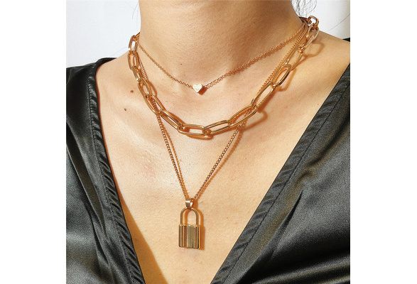 Multi Layer Lover Lock Pendant Choker Necklace Steampunk Padlock