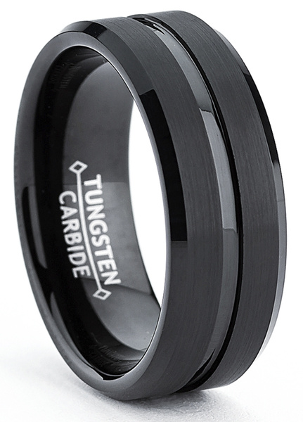 Men's Tungsten Ring Wedding Band Black Grooved Beveled Edge 8MM Sizes 7 ...