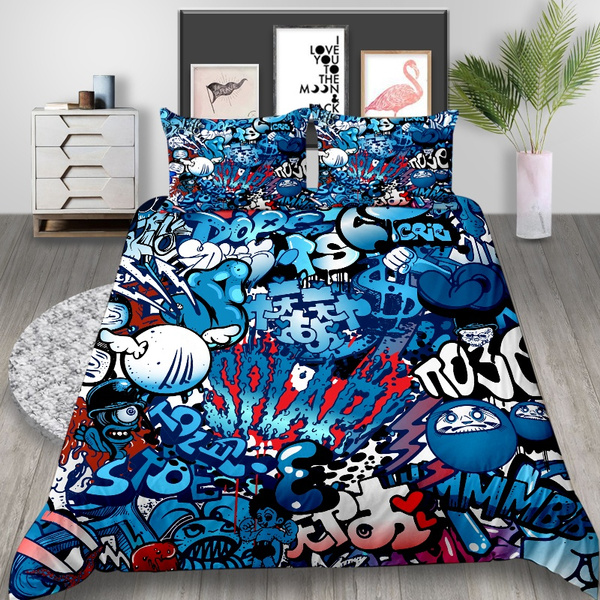 2019 Newly Home Textiles Bedding Set Blue Street Graffiti Printed Duvet Cover Set Queen King Size For Birthday Gift Wish