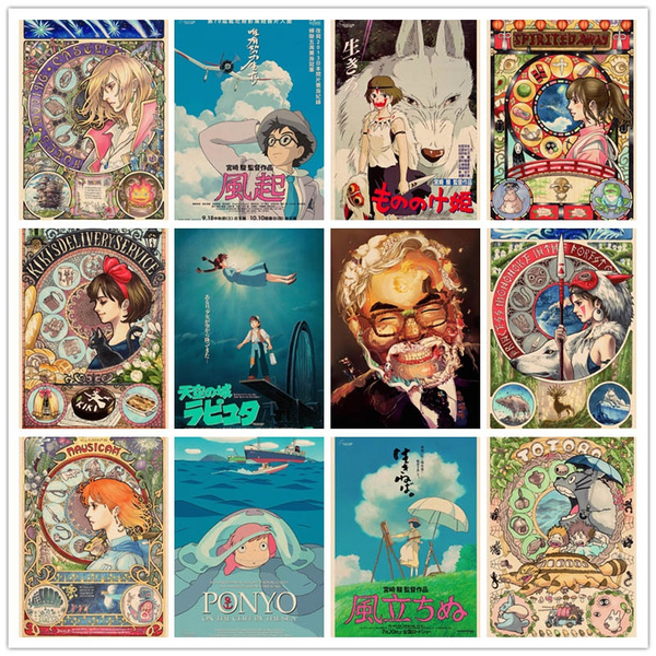 nedadgående salvie bemærkning Hayao Miyazaki Anime Home Furnishing decoration Kraft Movie retro Poster  Drawing core Wall stickers | Wish