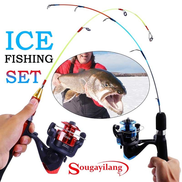 Sougayilang Ice Fishing Rod Sets 2 Color Combos Carbon Fiber Portable Fishing  Rod and Small Model Spinning Fishing Reel for Winter Fishing