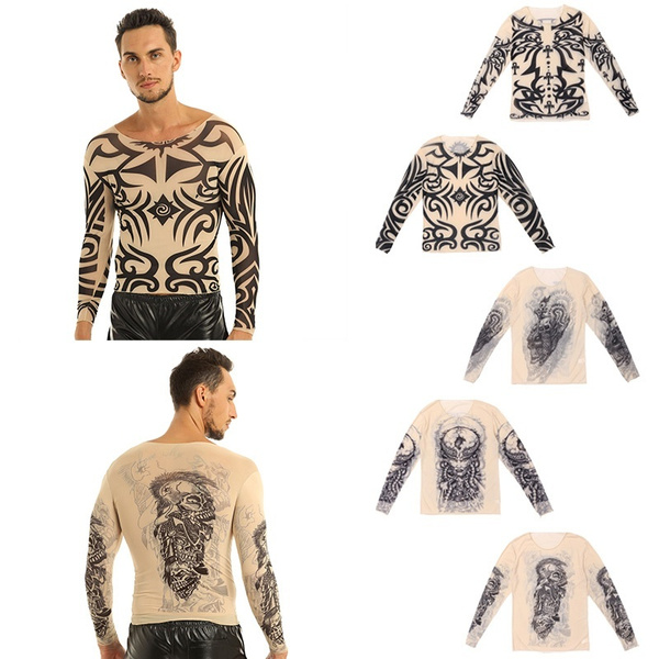 Men's Fake Tattoo Tribal Inspired Print Elastic Long Sleeve T