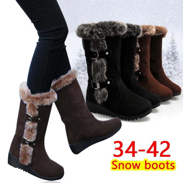 Warm Snow Boots Mid Calf Faux Fur Shoes 