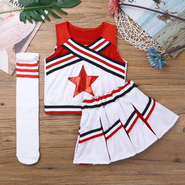 iixpin Kids Girls School Cheerleading Uniform Cheer Leader Outfit Red Star Applique Tank Tops with Skirt and Socks Set 