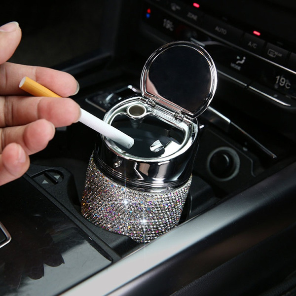 Diamond Car Ashtray with Bling Crystal Diamond Fireproof Stainless Lid and Cool Blue Led Light Indicator Portable Fit for Most Vehicle Smokeless Stand Cylinder Car Cup Holder