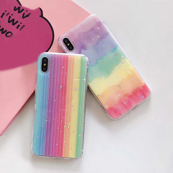 Cute Colorful Rainbow Shiny Stars glitter powder Phone Case For iphone 6 7 8 Plus X 11 Pro XS Max XR Soft Back Cover Cases