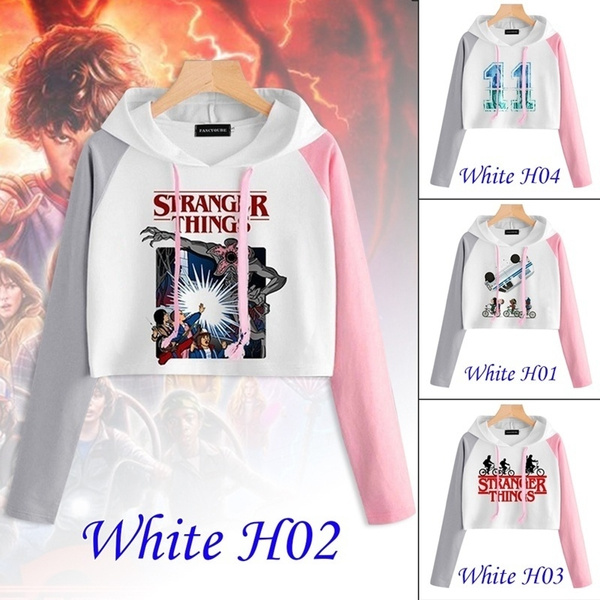 2020 New Fashion Women Casual Cropped Hoodie Long Sleeves Stranger Things 3 Eleven Letter Print Hooded Sweatshirt Pullover Crop Tops