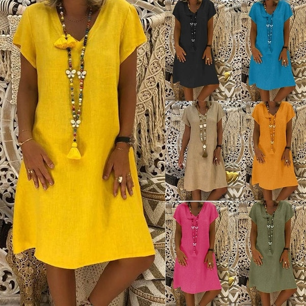 Women V-neck Short Sleeve T Shirt Dress Summer Midi Dress Soild Color ...