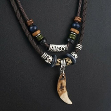 1 Pcs  Leather Rope Vintage Wolf Men's  Tooth Pendant Beaded Multilayer Necklace Jewelry