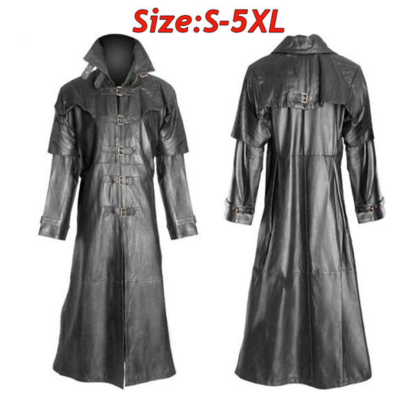 Men S Fashion Gothic Black Leather Long, Black Leather Gothic Trench Coat Mens