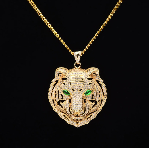 Tiger Chain Necklace Green Zircons Gold Stylish Layering 