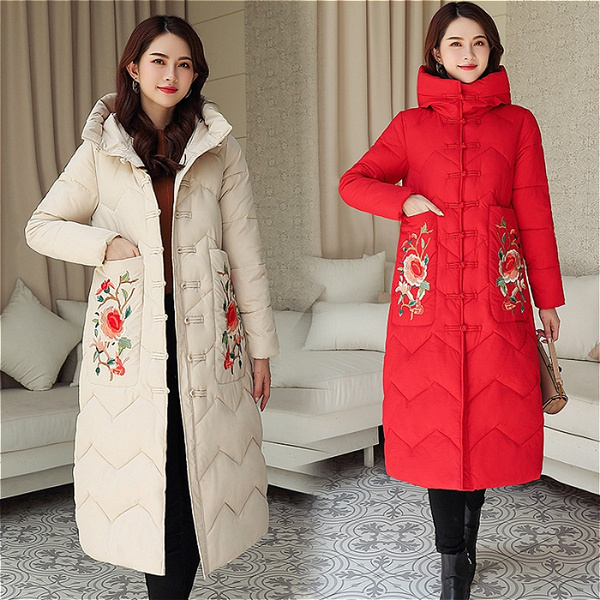 Women Floral Puffer Coat Embroidered Padded Jacket Chinese Knot Outerwear  Winter Parka Warm