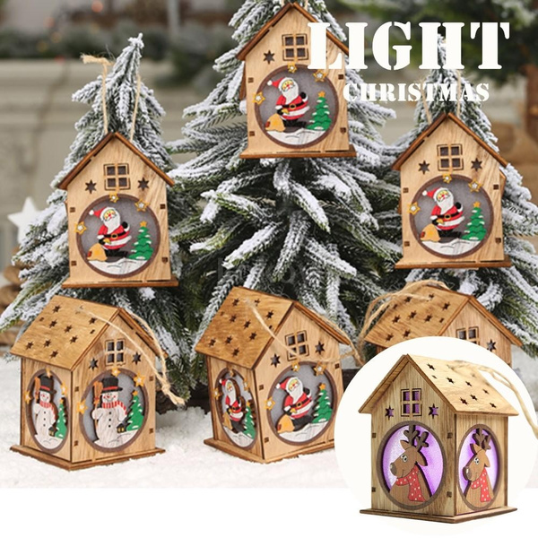 Christmas LED Light Hanging Ornaments Cute Wood House Christmas Tree Hanging Ornament Decoration LUCOSS