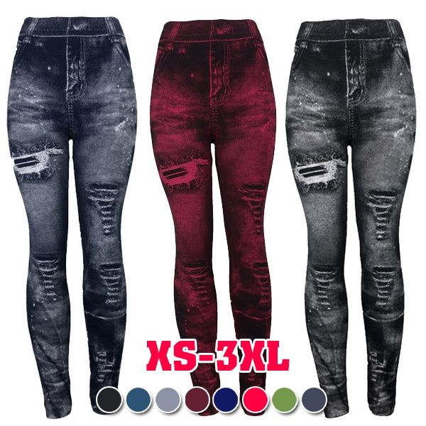 Plus Size 8 Colors Womens Pants Casual Fake Denim Jeans Ripped