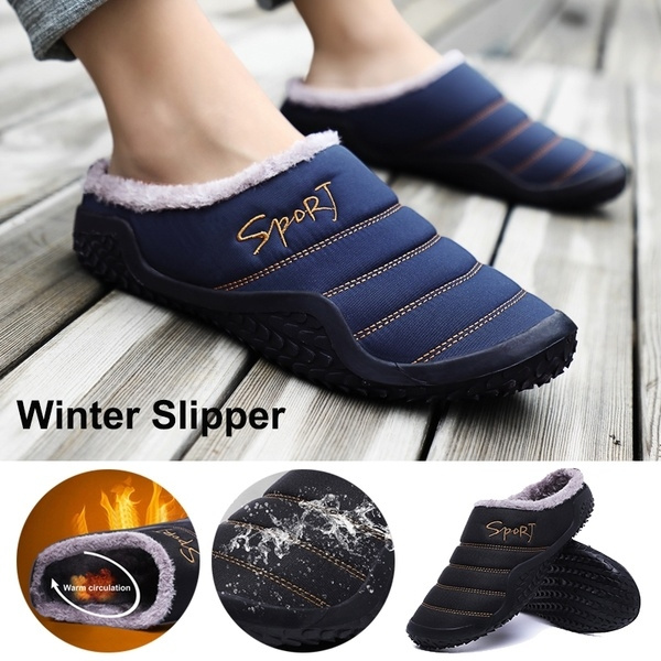 Mens Indoor Outdoor Slippers Fur Lined Winter Thicken Slip On House Shoes 37-48 